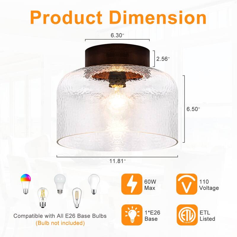 1-Light Wood Flush Mount Ceiling Light with Clear Textured Glass Shade - Dia.11.81-in