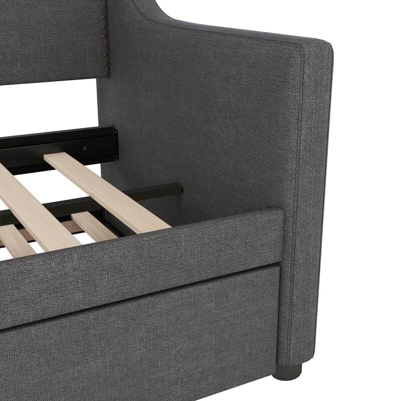 Twin Size Daybed with Trundle Bed, Bronze Nailhead Trim, Storage Headboard, LED, USB and Curved Armrest for Livingroom Gustroom