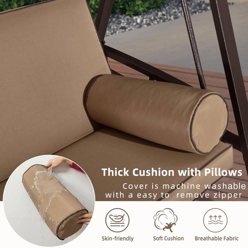PURPLE LEAF 3-seat Outdoor Patio Porch Swing Adjustable Backrest, Cushions and Pillow Included