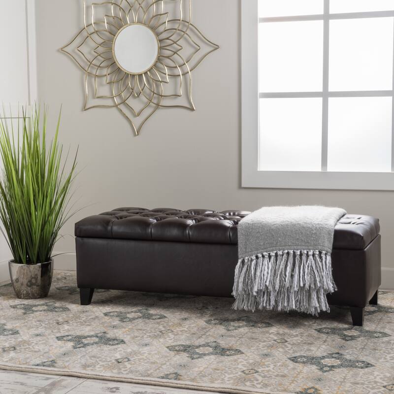 Roomfitters Faux Leather Storage Ottoman, Upholstered Bench with Lift-Top Lid for Living Room, Brown