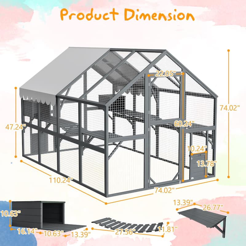 Extra Spacious Outdoor Catio - 110" Luxury Cat Haven with Roof, Ramp, Pod Bed & Lounging Huts