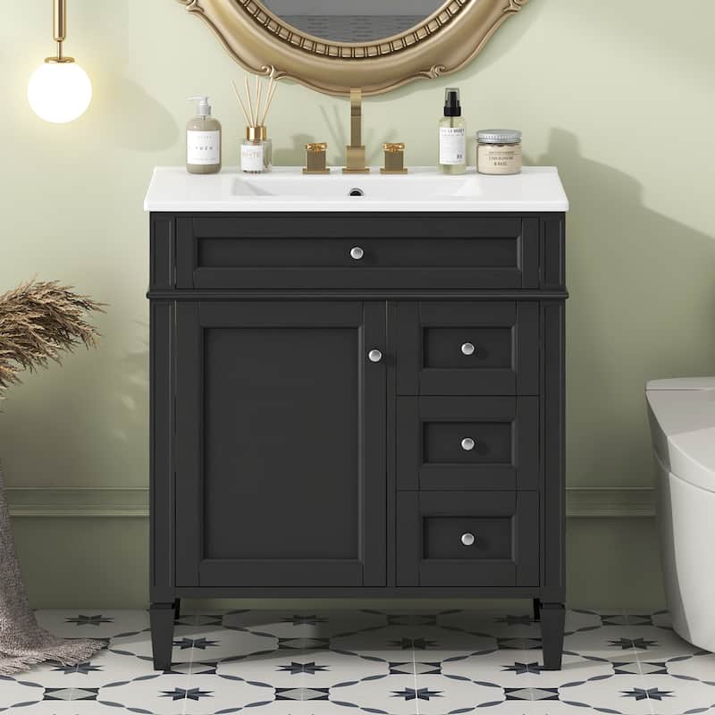 30'' Bathroom Vanity with Top Sink, Modern Bathroom Storage Cabinet with 2 Drawers and a Tip-out Drawer - Black