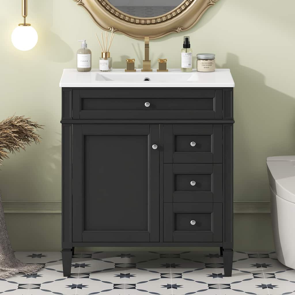 30'' Bathroom Vanity with Top Sink, Modern Bathroom Storage Cabinet with 2 Drawers and a Tip-out Drawer