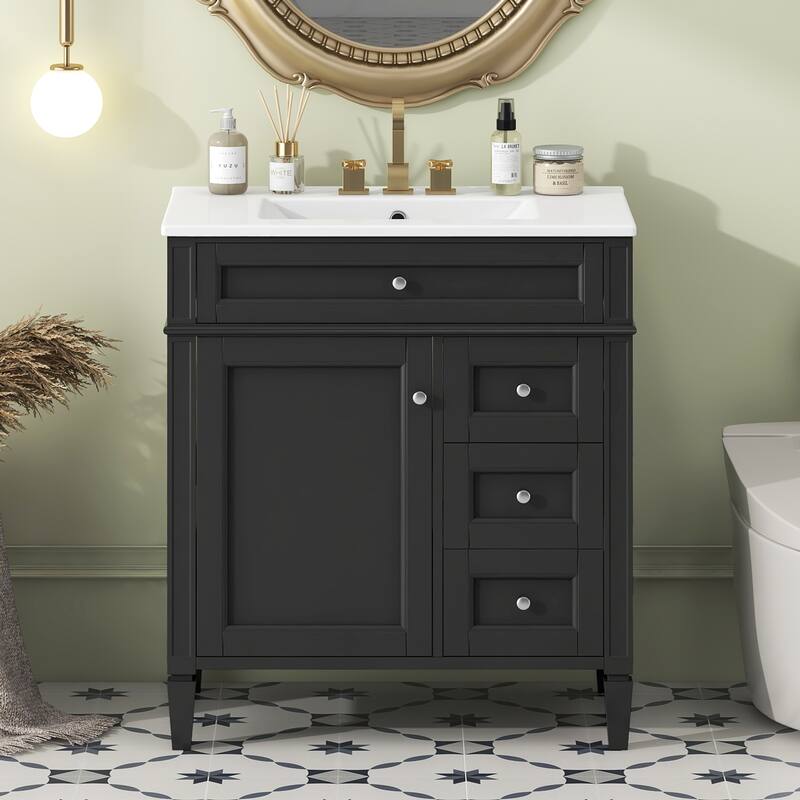 GDFStudio - Caldwell Modern Bathroom Vanity with Ceramic Sink, 2 Storage Drawers and Tip-Out Organizer - 30'W