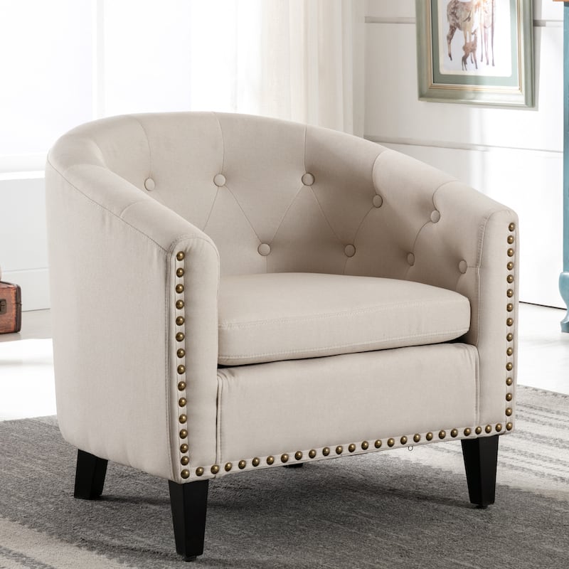 Modern Linen Fabric Tufted Club Chair Comfortable Reading Tub Armchair for Living Bedroom - Tan