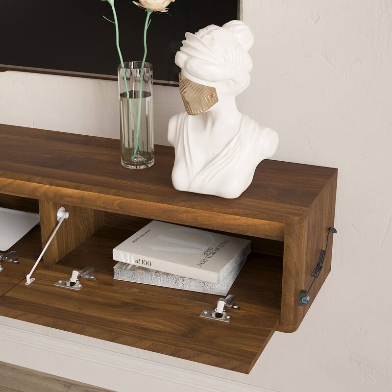 Wall Mounted TV Shelf with LED Lights & Power Outlet, High Gloss TV Cabinet for Wood TV Stands for Living Room