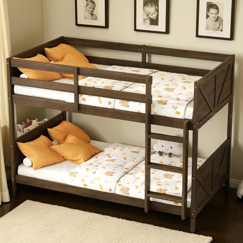 Twin Over Twin Floor Bunk Bed with Ladder and Guardrails, Solid Rubber Wood Frame with Panel Headboard and Footboard