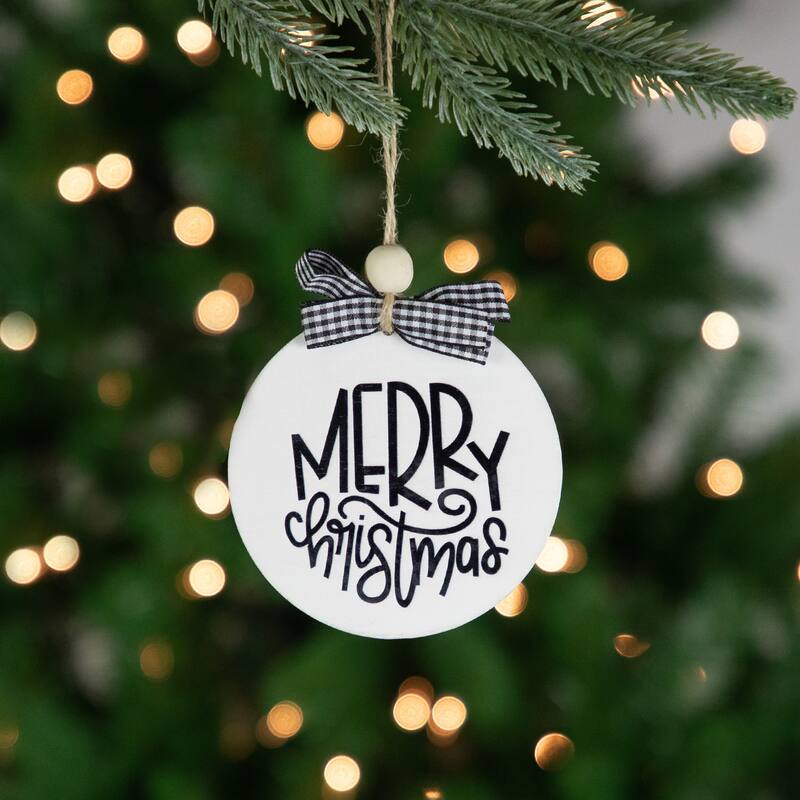 Wooden "Merry Christmas" Disc Ornament with Plaid Bow - 4" - White and Black