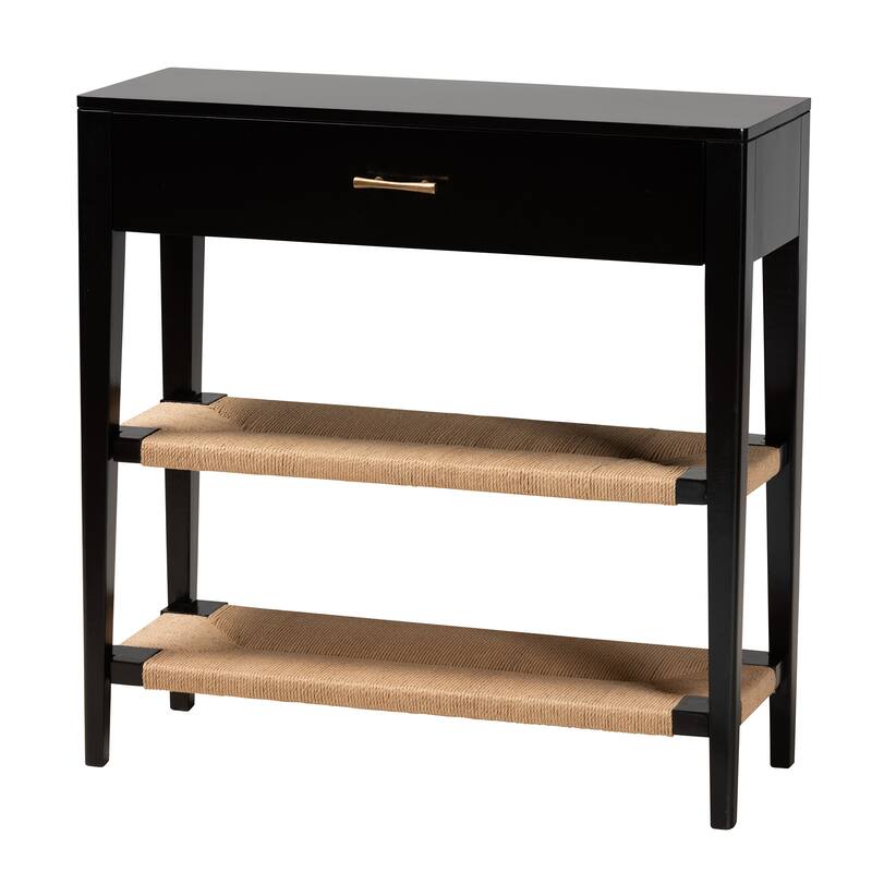 Freya Modern Bohemian Bayur Wood 1-Drawer Console Table-Black - Black, Natural Brown, Brass