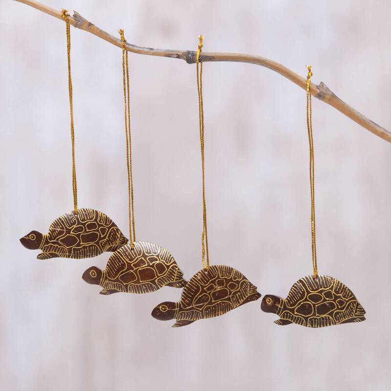 NOVICA Royal Turtle, Coconut shell ornaments (set of 4)