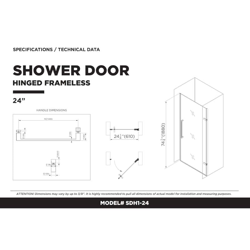 Fine Fixtures Hinged Clear Frameless Glass Shower Door Enclosure