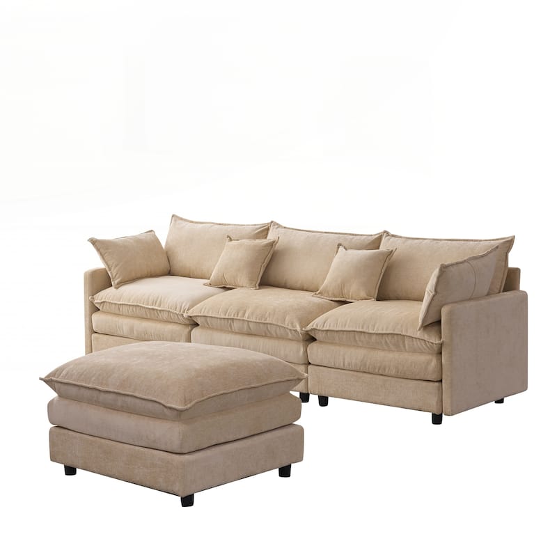 Upholstered Soft Chenille Fabric Sofa,3 Seater with Ottoman L Shape Sofa - Light Coffee