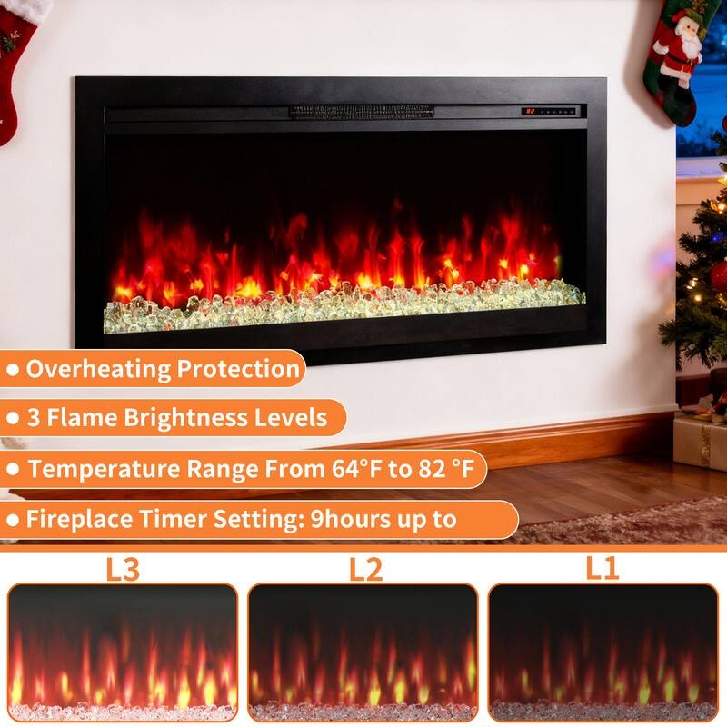 44 in. Wall Mount Recess Tempered Glass Electric Fireplace with remote multi color,LED light heater in Black