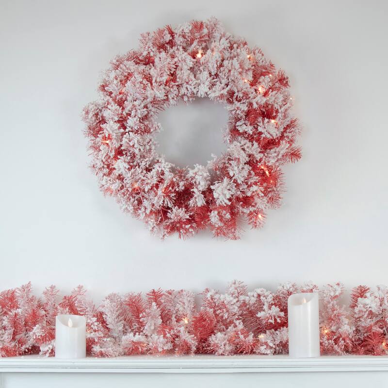 Pre-Lit Flocked Artificial Christmas Wreath - 24" - Red - Clear Lights