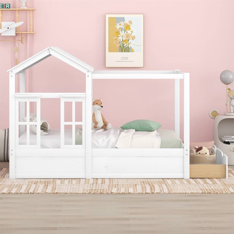 Merax House Bed with Roof, Window and Drawer - White - Full