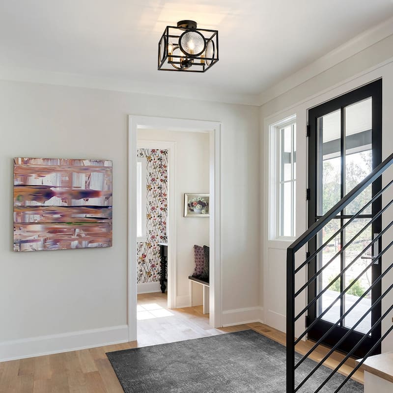 4-Light Textured Glass Candle Square Lantern Ceiling Light 11.8in