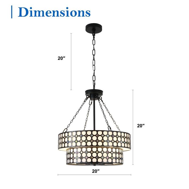 20" Modern Matte Black Two-Tier Drum-Shaped Light Fixture, 6 Lights with Adjustable Hanging Chain for Dining Room and Bed Room