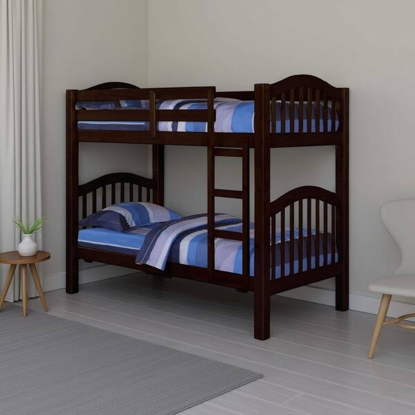 slide 2 of 6, Twin Over Twin Bunk Bed, Pine Wood, Slatted Headboard, Espresso Brown