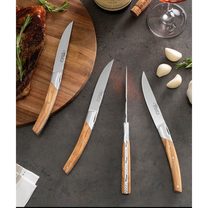 Goyon-Chazeau Set of 4 Pirou Castle Steak Knives with Olive Wood Handles