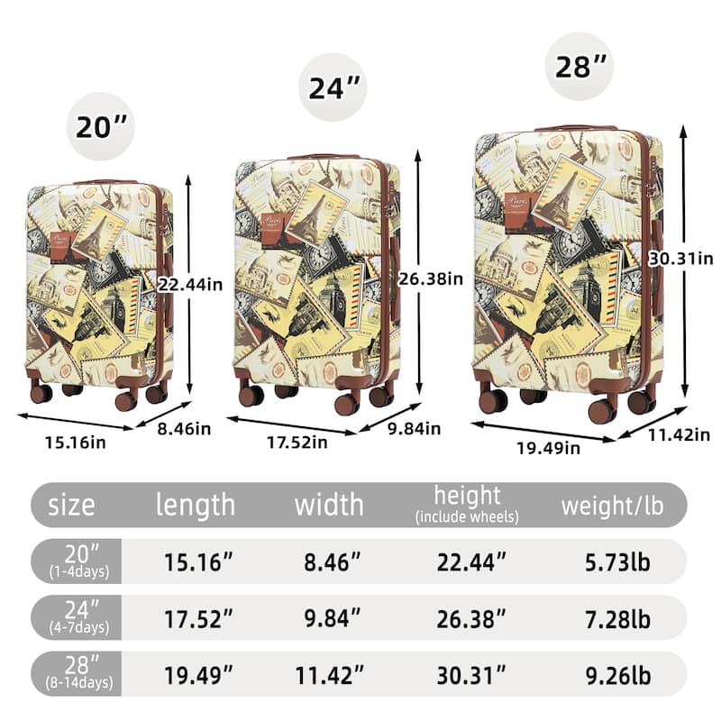 20"/24"/28" 3 pcs/set in PC Spinner Wheel Luggage, Carry on Suitcase, With Printed pattern and Combination Lock