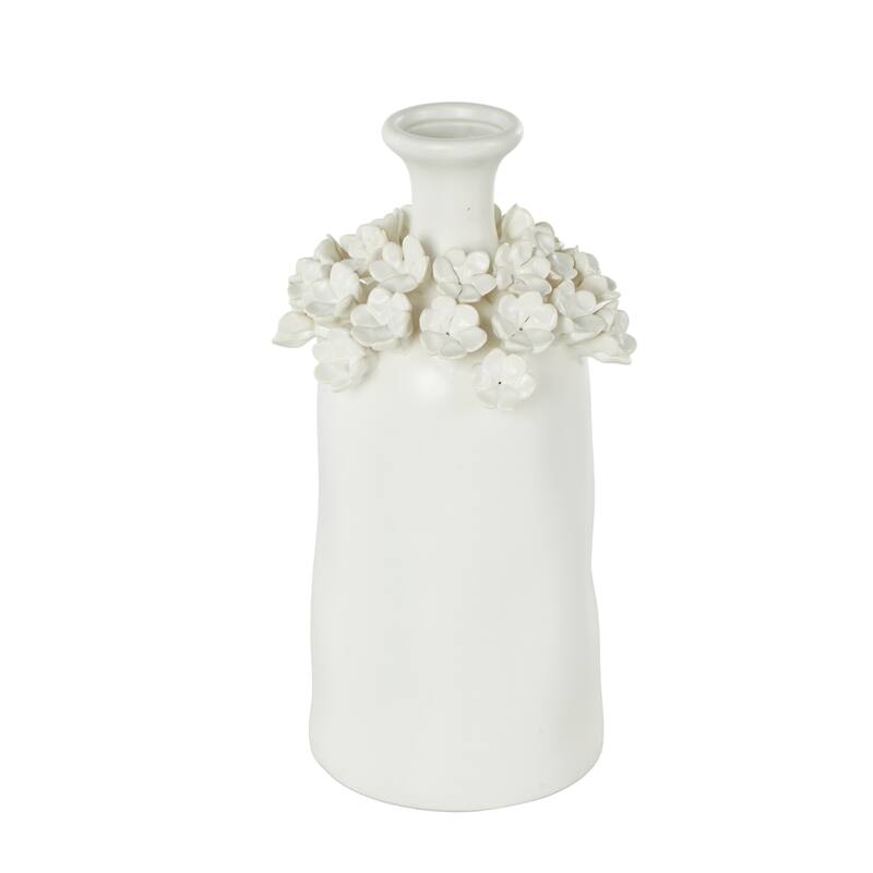 Ceramic Floral Round Vase with Narrow Opening - White - Roche River Decor