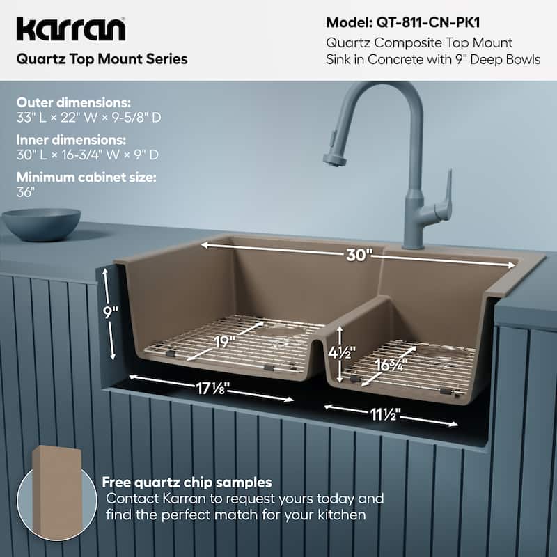 Karran 33" Top Mount Large/Small Bowl Quartz Kitchen Sink Kit - 33" x 22" x 9"