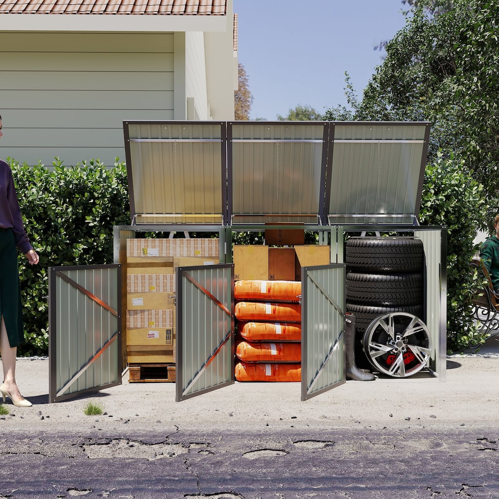 Garbage Bin Shed Stores 3 Trash Cans with Pneumatic Support Rod, with Lockable Doors & Waterproof Lid Chain