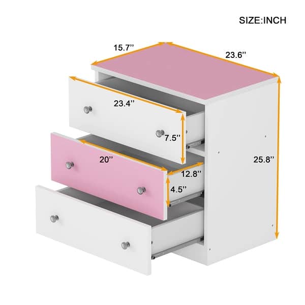 dimension image slide 0 of 2, 3-Drawer Wooden Nightstand with Colorblock Design and Metal Handle