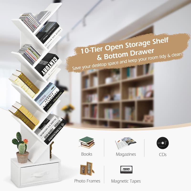 59" Tall Tree Design Bookshelf with 10 Open Shelves and Fabric Drawer for Small Spaces - 15'' x 8.5'' x 59'' (L x W x H)