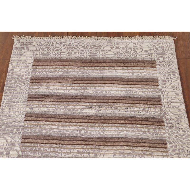Striped Abstract Accent Rug Handmade Beige Wool Carpet - 2'8"x 4'8"