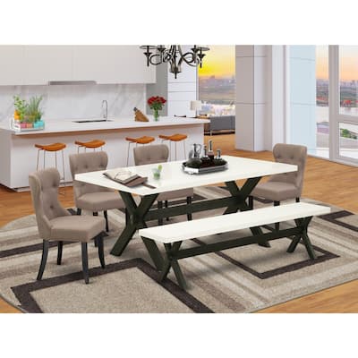 Mid Century Dining Set - 6 Piece Table & Chair Set with Bench - Linen Fabric Parsons Chairs - Modern Dinette