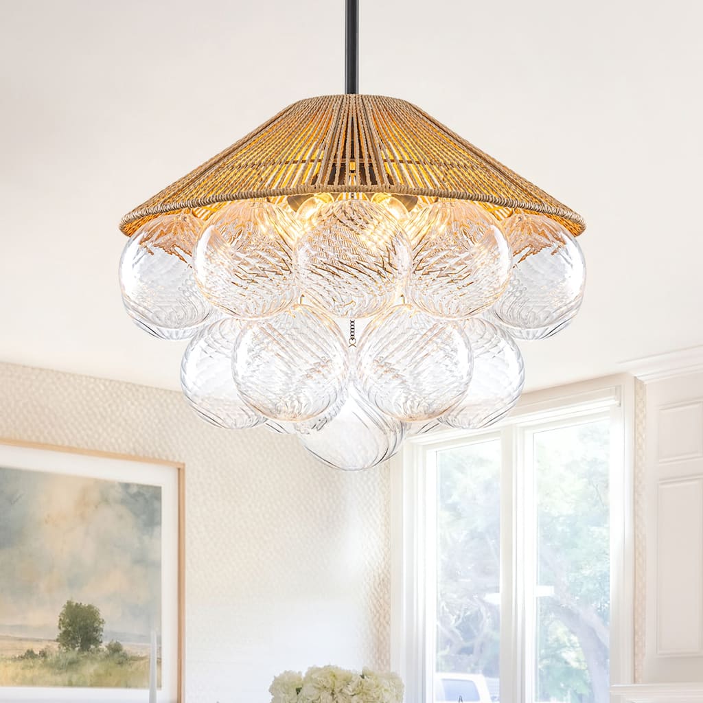 20.5" 4-Light Farmhouse Rope Chandelier Cone Shades Clear Glass Balls - Dia.20.5-in