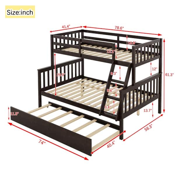 dimension image slide 1 of 3, Twin Over Full Bunk Kids Bed Frame with Trundle, Detachable & Convertible Bed with Reversible Ladder & Guardrail, Espresso
