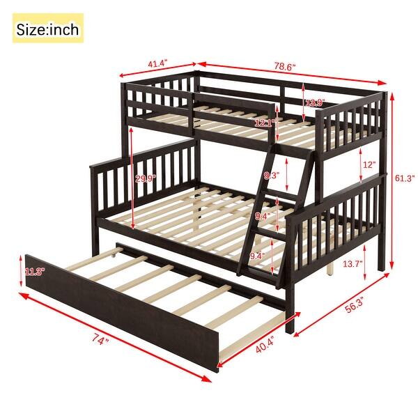 dimension image slide 1 of 3, Twin over Full Wood Bunk Bed Convertible Beds with Twin Size Pull-Out Trundle