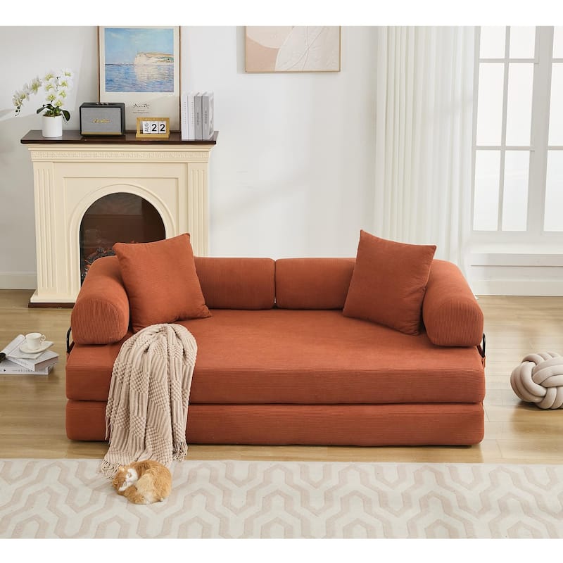 78.5" Folding Convertible Out Sleeper Sofa Bed, 3 Seat, Orange Corduroy