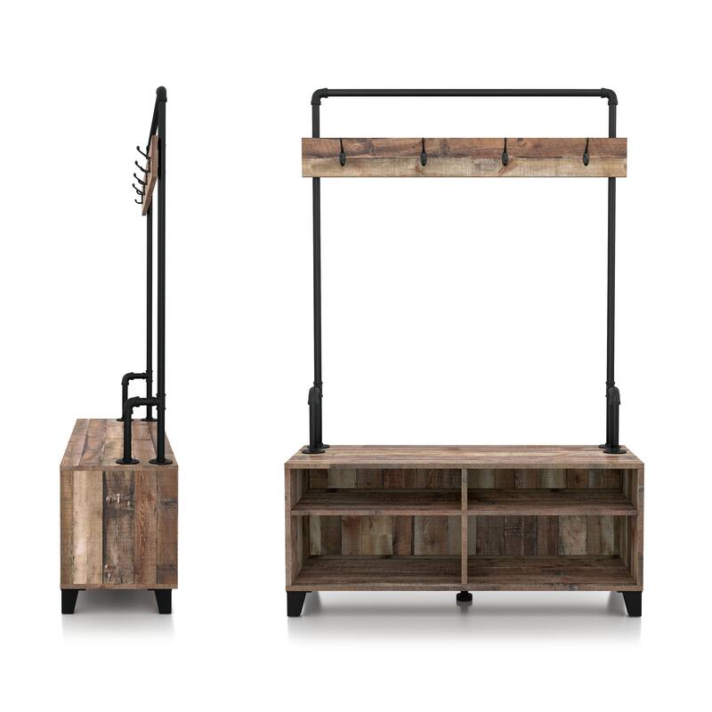 DH BASIC Industrial Barnwood Iron Entryway Bench with Coat Rack by Denhour