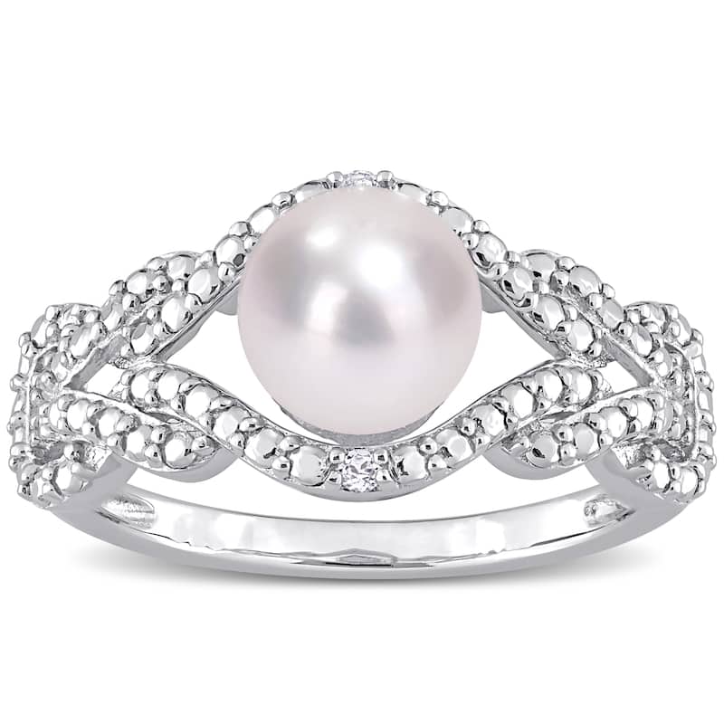 Miadora 7-7.5mm Cultured Freshwater Pearl and Diamond Accent Infinity Ring in Sterling Silver