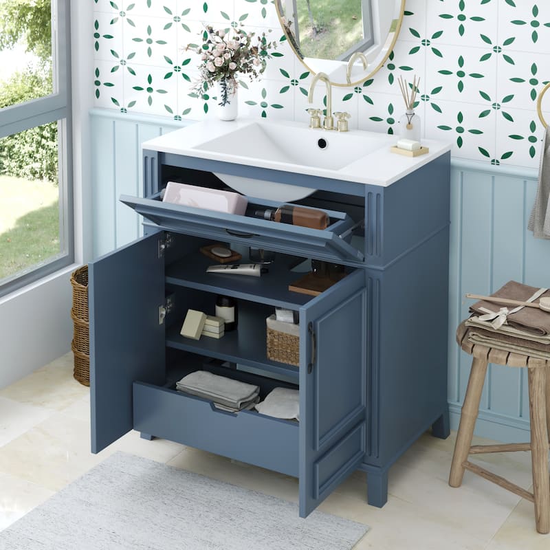 Roomfitters 30" Vanity with Ceramic Sink, Solid Wood Frame Cabinet with Soft Closing Doors, Retro Freestanding Design, Blue