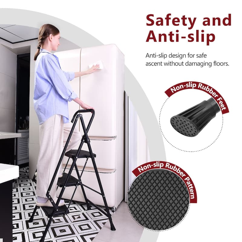 Four Step Ladder,lightweight Folding Four Step Stool, Wide Anti Slip Pedal And Safety Handle, Sturdy Steel Ladder