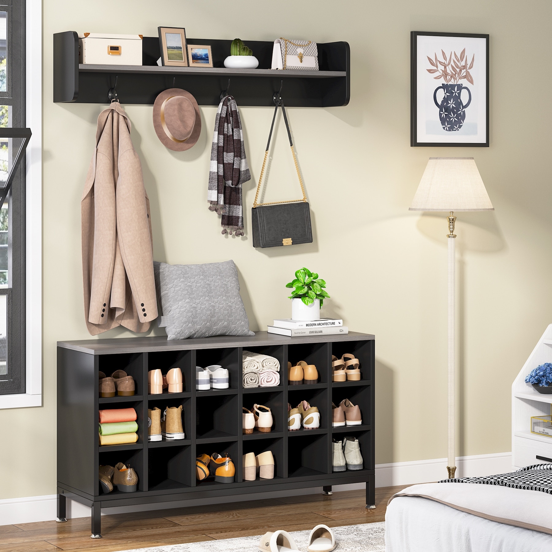 Entryway coat rack and shoe storage clearance