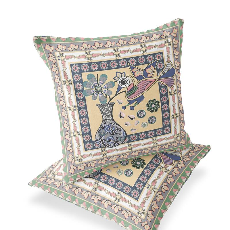 HomeRoots Set of Two 16" X 16" Beige and Pink Peacock Blown Seam Floral Indoor Outdoor Throw Pillows - 16.00' X '16.00' X '5.00