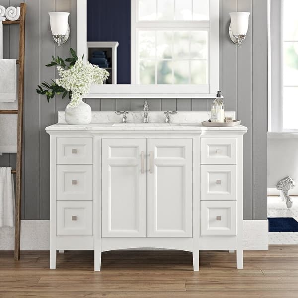 Luz 42 in. Single Bath Vanity in White with Marble Vanity Top in Carrara White with White basin
