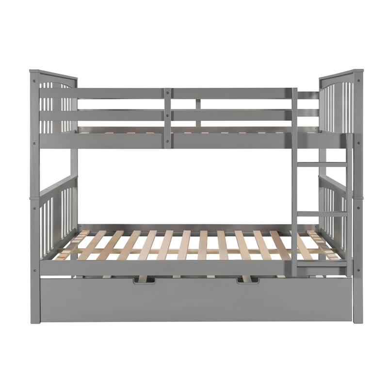 Full Bunk Bed with Twin Trundle, Wood Frame, Safety Rails, and Ladder