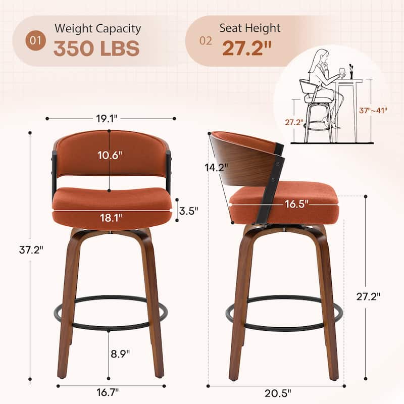 Upholstered Swivel Counter Height Bar Stool with Curved Back and Bentwood Frame - 37.2"H x 19.1"W x 20.5"D
