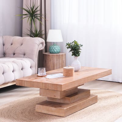 Modern Farmhouse Coffee Table with Rustic Wood Block Base‌ – Rectangular Center Table for Living Room, Blending Contemporary .