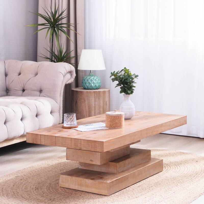 Roomfitters Modern Rustic Rectangular Coffee Table, Unique Stacked Block Base, Natural Wood Grain Finish