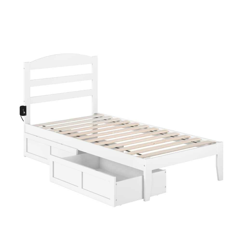 Vogue Platform Bed with Drawers - White Storage Bed with Charging Station - Solid Wood & Veneer Frame