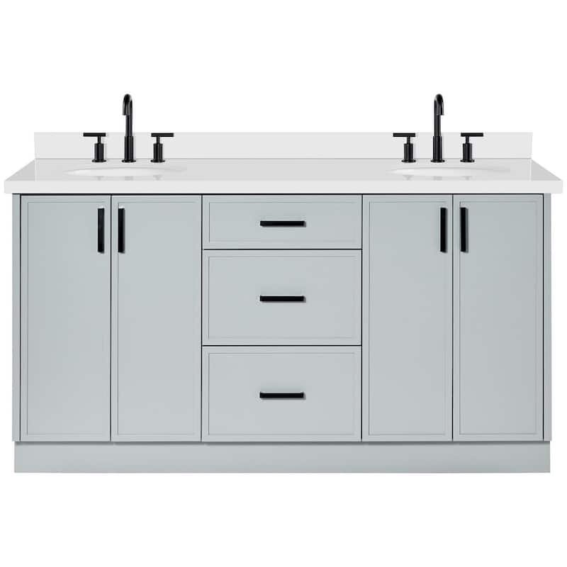 Ariel K67DWQOVO Kelly 67" Free Standing Double Oval Basin Vanity Set - Grey / Pure White Quartz / Matte Black