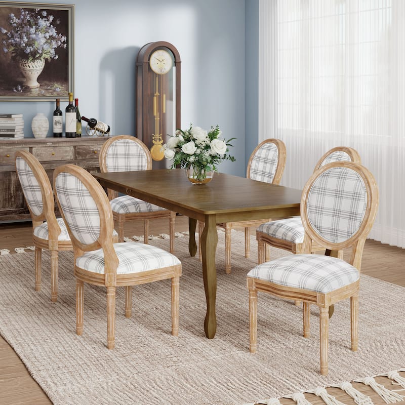 Phinnaeus French Country Fabric Rubberwood 7 Piece Dining Set with Expandable Table by Christopher Knight Home - Grey Plaid+Natural