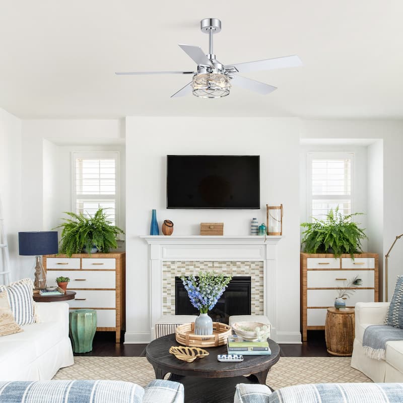 52" Reversible 5-Blade Farmhouse Glam Floral Glass Caged Ceiling Fan with Light and Remote